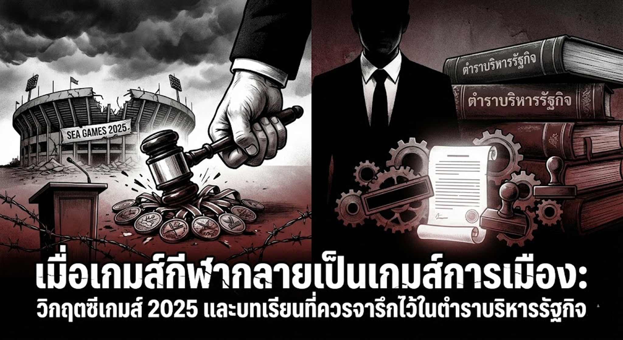 Two-panel political cartoon: left shows a SEA Games 2025 stadium with a judge's gavel crushing coins amid barbed wire; right shows a suited figure with gears, documents, and stamps among stacked books.