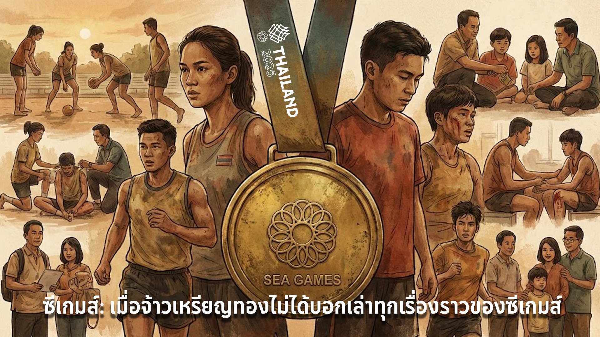 Illustrated collage of Southeast Asian athletes training and a central SEA Games gold medal, with families and communities in the background, conveying the broader stories behind medals