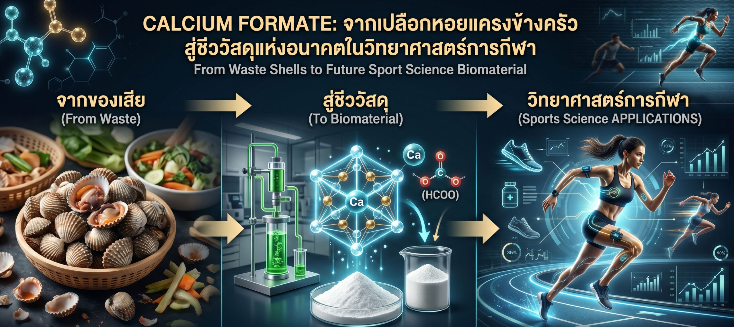 Infographic showing the journey: waste shells to biomaterial to sports science applications, with shells on the left, lab science in the center, and athletes on the right.