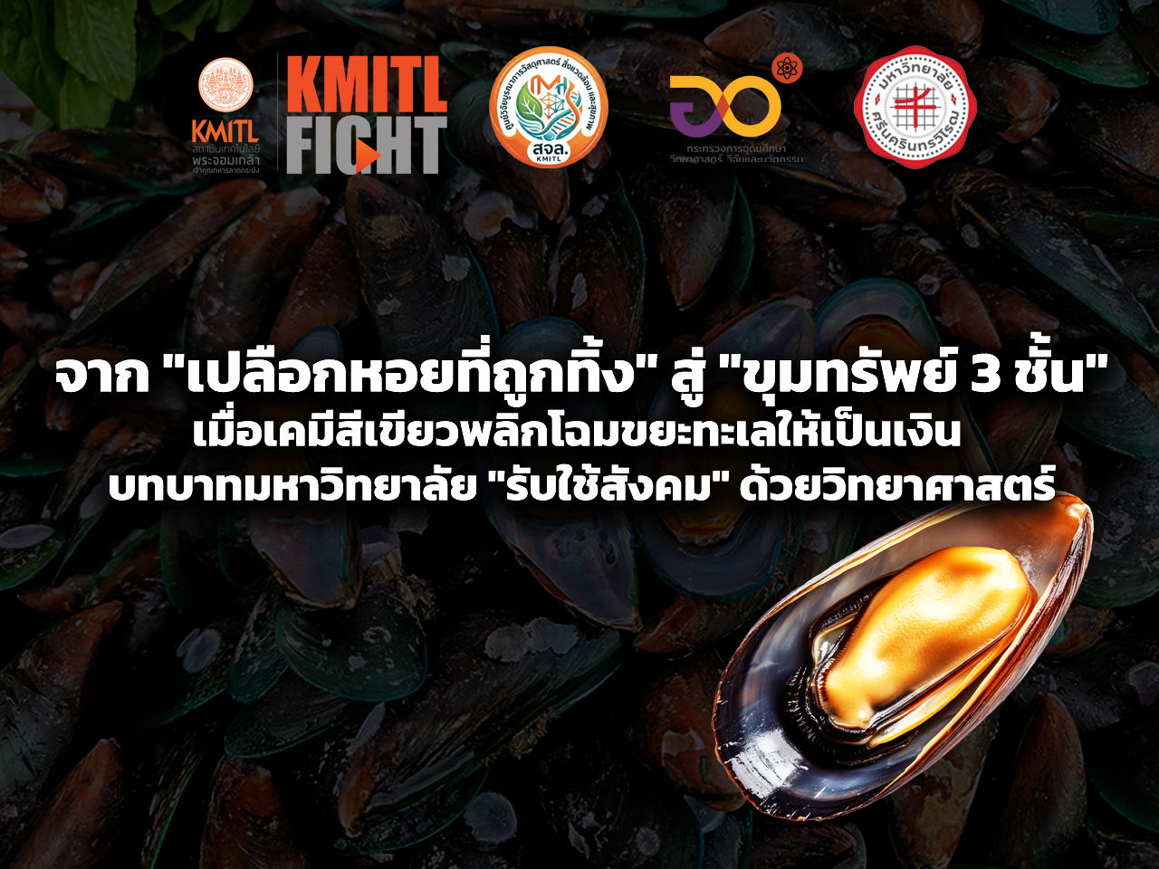 แบนเนอร์ภาษาไทย: เปลือกหอยที่ถูกทิ้งถูกพลิกโฉมเป็นทรัพย์สามชั้นด้วยเคมีสีเขียว มหาวิทยาลัยรับใช้สังคมด้วยวิทยาศาสตร์